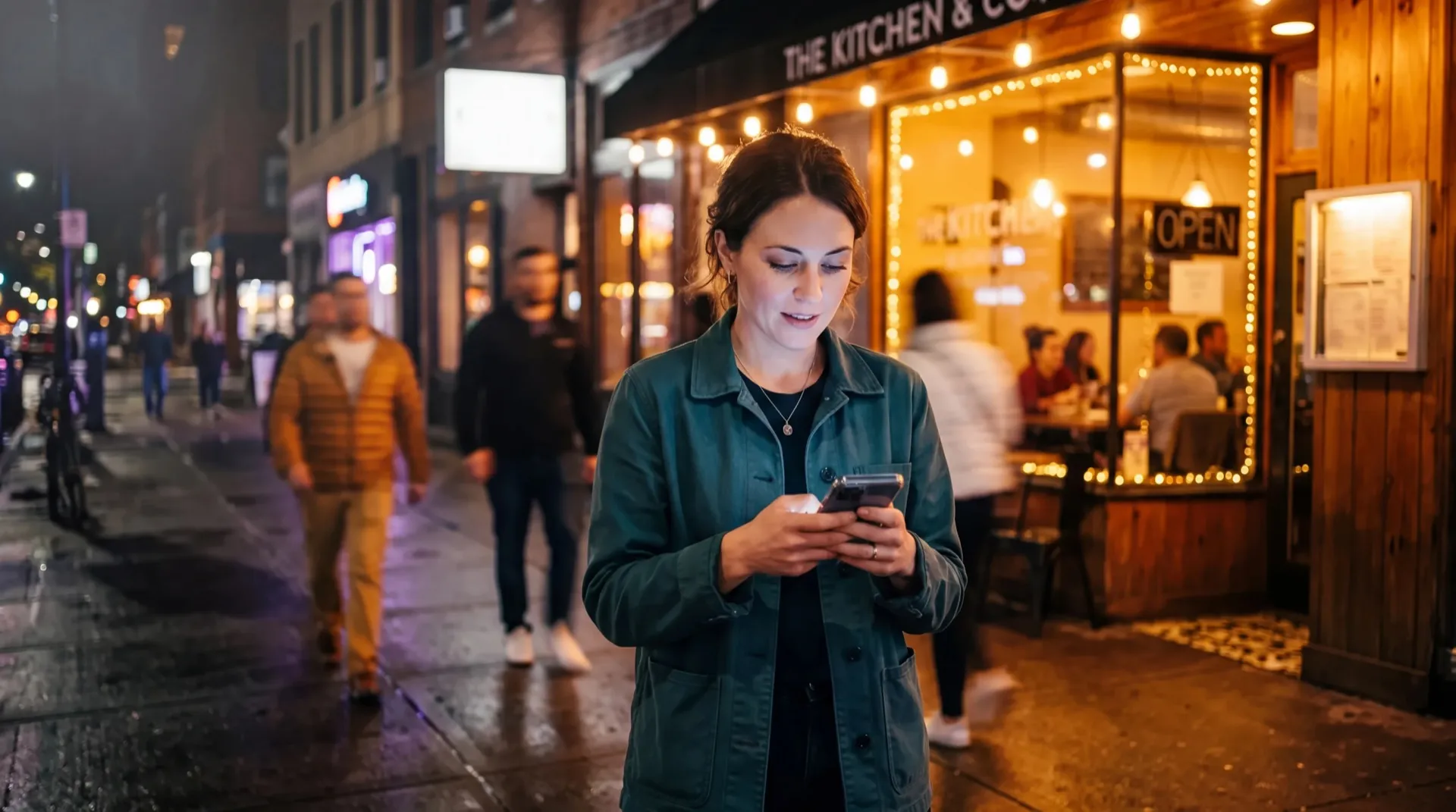 A woman on a night sidewalk finds a café on her phone while pedestrians blur past warm kitchen lights